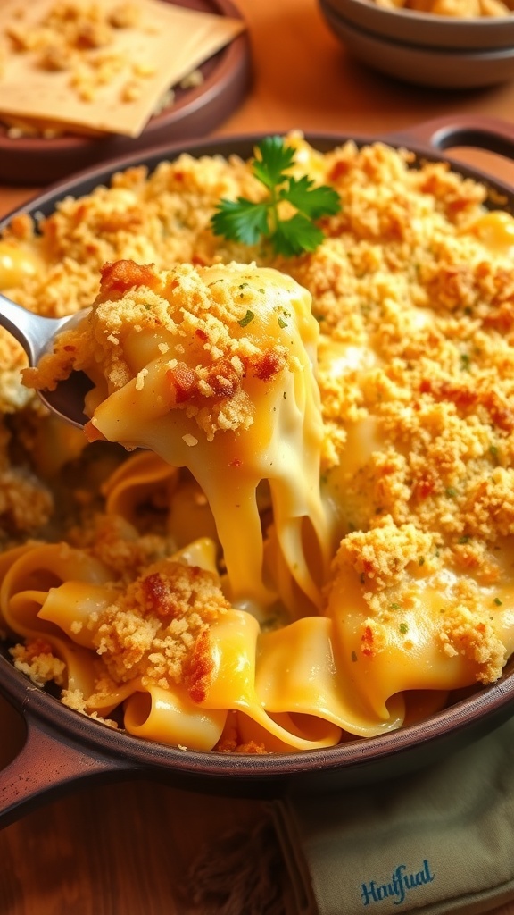 Cheesy Noodle Casserole Recipe Cheesy noodle casserole with breadcrumbs and parsley in a rustic baking dish.